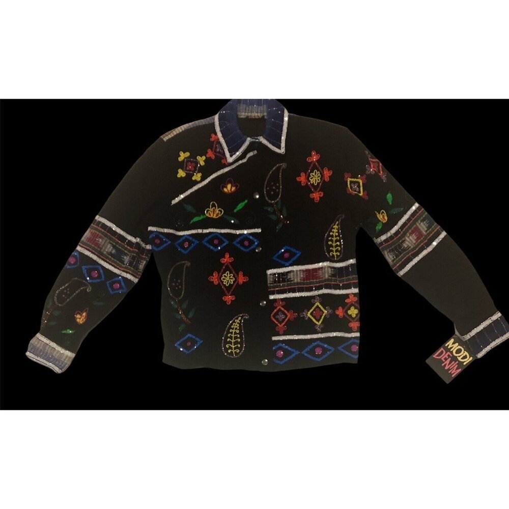 Vintage MODI Denim Beaded Sequined Black Floral Paisley Jacket NEW SAMPLE Sz Med - Picture 10 of 11